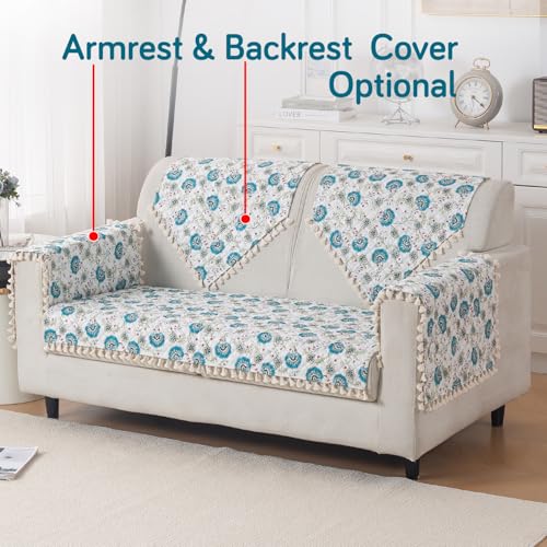 Image of HOKIPO Cerulean Bloom 2 Seater Quilted Sofa Cover Mat with Tassels 'Tassel Twigs' Series (IN-983-T6)