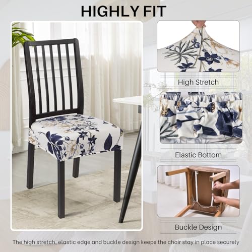 Image of SearchI Stretch Dining Chair Seat Covers Set of 6, Soft Removable Washable Seat Covers for Dining Chairs, Dining Room Seat Cover Protector (Rear-Covered, Blue Flower)