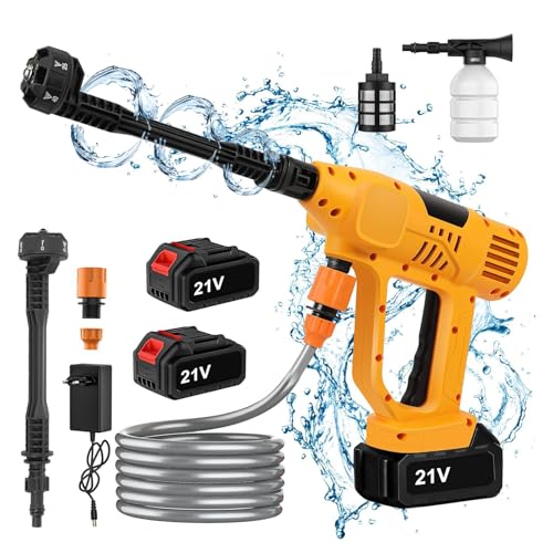 Hidrolimpiadora Bateria, 65 Bar Pistola de Agua a Presión con 2 Baterías 6000mAh, Boquilla 6 en 1, Manguera de 5M, Olla de Espuma, Pantalla LED, Limpiador a presion bateria para Jardín y Coche