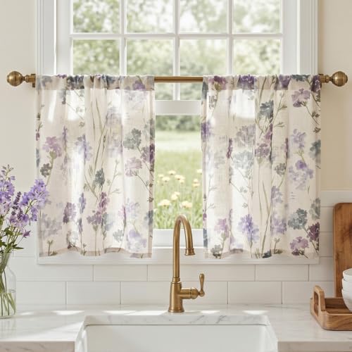 Image of MYSKY HOME Floral Linen Tier Curtains Over Sink 30 Inch Long Set of 2 Light Filtering Privacy Half Window Curtains with Rod Pocket for Kitchen, Cabinet, Basement, Camper, Purple, 30 inch W Each Panel