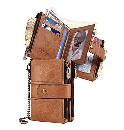 zhbotaolang Hombre Cuero Vaca Genuina Cartera - Doble Cremallera Monedero Bolsillo Vendimia Billetera RFID Bloqueo Tarjeta Crédito Titular Organizadores de Dinero Caqui