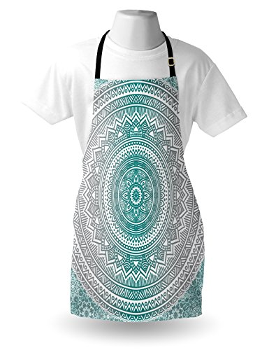 Ambesonne Grey And Teal Apron, Mandala Ombre Design Space Geometric Center Point Boho Art, Unisex Kitchen Bib With Adjustable Neck For Cooking Gardening, Adult Size, Grey Teal #TOP2