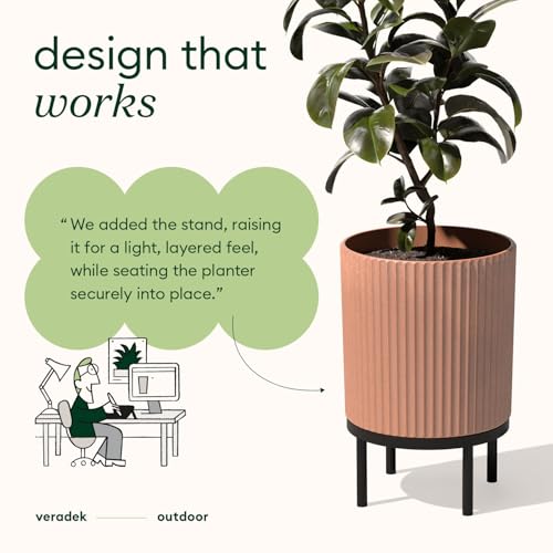 Image of Veradek Demi Series Raised Planter - Round Planter with Stand | Made From a Durable Plastic-Stone Composite & Comes With Wooden Stand. Modern Porch /Patio Decor