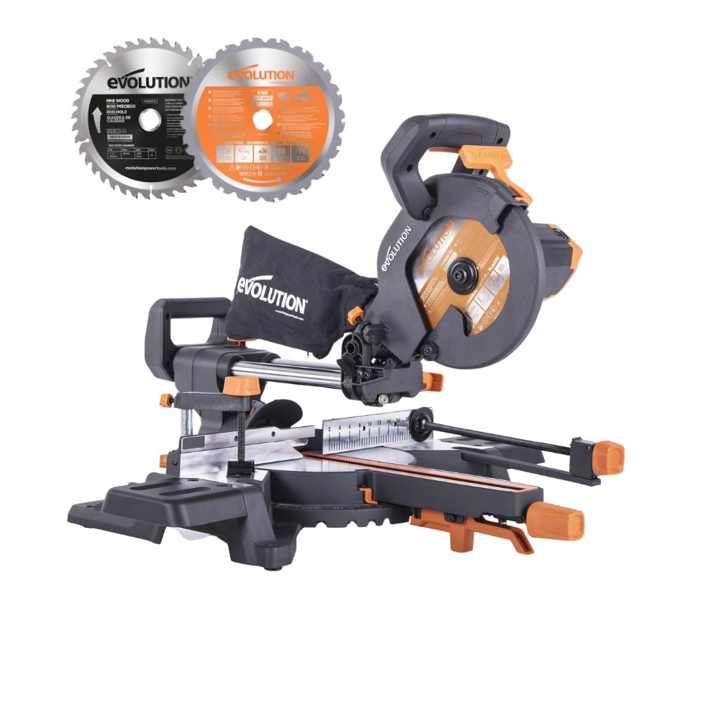 Evolution Power Tools R185SMS+ Compound Saw with Multi-Material Cutting, 45 Degree Bevel, 50 Degree Mitre, 210 mm Slide, 1200 W, 210 mm, 230 V, with a Wood & Multi Material Mitre Saw Blade