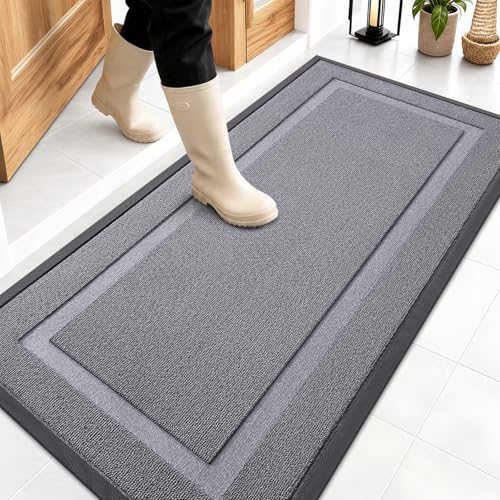 Image of OLANLY Front Door Mat Indoor Outdoor Entrance, Waterproof All-Season, All-Weather Doormat, Sturdy Natural Rubber, Low Profile, Easy Clean Patio Porch Entryway Mat, 47x23, Classic Gray