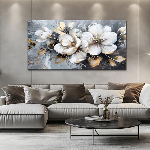 KELIYUAN Large Canvas Wall Decor Living Room For Wall Art For Bedroom Office Decorations Abstract White Flowers Wall Paintings Pictures Artwork Modern Framed Posters Home Decor Aesthetic 30"x60"