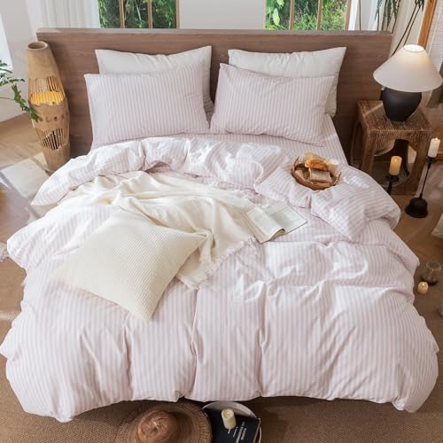 Image of MooMee Striped Duvet Cover Set 100% Washed Cotton Linen Like Twin | Relaxed Linen-like Texture. Soft, Breathable & Long-lasting Comfort. Lightweight. Hidden Zipper with 8 Interior Corner Ties