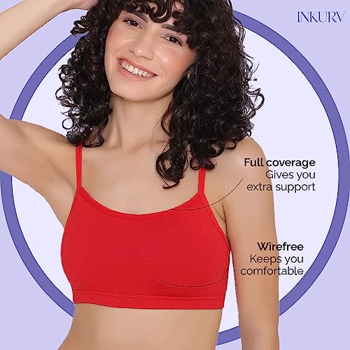 Image of INKURV Slip on Beginner's Bra for Girls, Non Padded, Non Wired, No Hooks with Double Layered Fabric, Adjustable Straps, Wirefree Sports Bra- Lisa Combo of 3