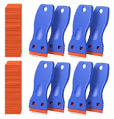 Image of 8 PCS Plastic Razor Blade Scraper Tool with 100 PCS Extra Blades, Cleaning Scraper Remover for Stickers Lables Paints Adhesives on Window Glass Car