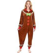 Gingerbread Onesie Unisex Christmas Hooded Adult Cotton Warm Long Sleeve Zipper Pajamas Sleepwear with Pockets