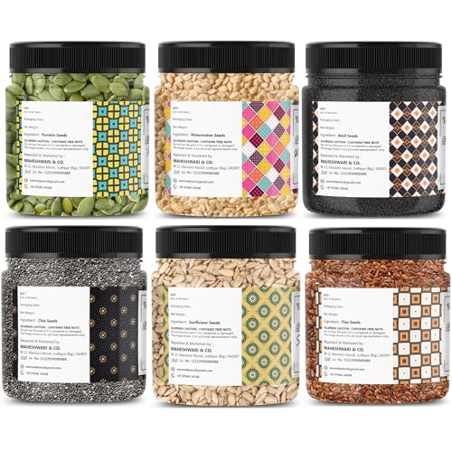 Image of TEMPERADO 6 Seeds Combo Pack Chia Flax Basil Pumpkin Sunflower Watermelon Seed Mix 250 g x 6 for Eating Healthy Raw Seeds Mix Super Seeds Combo Daily Nutrition Seeds Blend