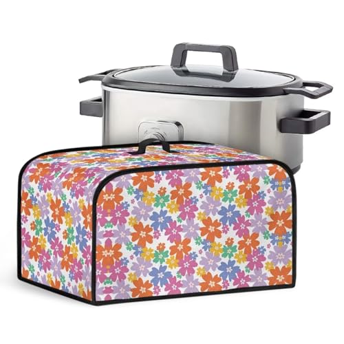 Annejudy Hippie Flower Pattern Slow Cooker Cover Portable Insulated Slow Cooker Protection Cover with Top Handle and Side Pockets Washable Sofy Fabric Compatible with Most Slow Cooker
