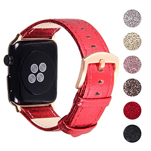 Pantheon Compatible Apple Watch Band 38mm / 40mm Shiny Leather Glitter Bands for Women - Series SE 6 5 4 3 2 1 - Shiny Red