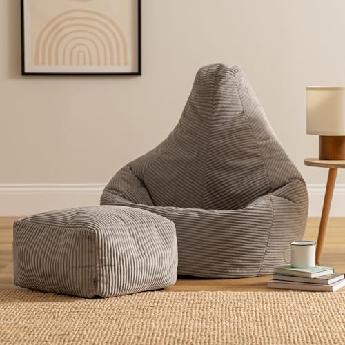 Icon Dalton Sitzsack mit Hocker Cord, Grau, Gaming Sitzsack Erwachsene mit Füllung, Bean Bag, Cord Sessel, Lounge Sessel, Lounge Stuhl, Schlafzimmer, Wohnzimmer, Wohnzimmer Möbel