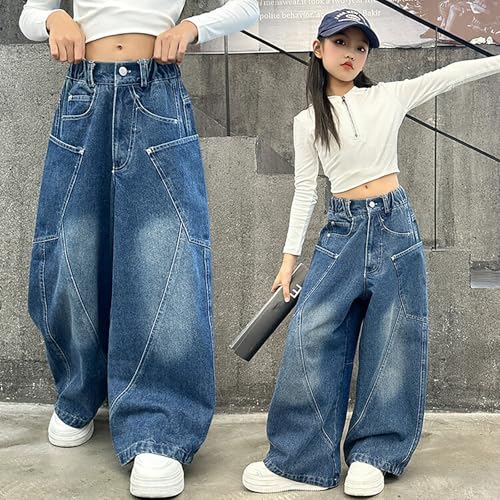 Girls Baggy Jeans Kids Elastic High Waisted Wide Leg Denim Pants Casual Y2K Trousers with Pockets 5-16 Years2
