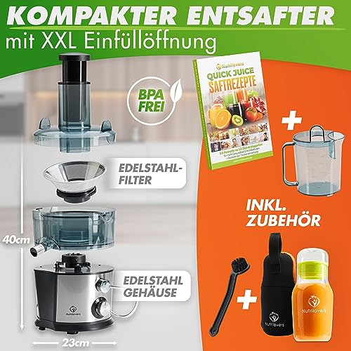 *Testsieger* QUICK-JUICER Entsafter Edelstahl Obst und Gemüse I XXL-Einwurf für ganze Früchte entsaften, 800W, 2 Geschwindigkeiten, BPA-frei inkl. Trinkflasche + Rezepte Buch & App – Bild 3