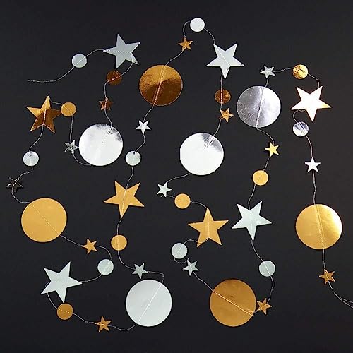 Image of Gold Silver Party Star Circle Dot Decoration Gold Silver Hanging Garland Streamer Decorations Glitter Star Bunting Banner Twinkle Backdrop for Engagement Wedding Baby Shower Birthday Christmas