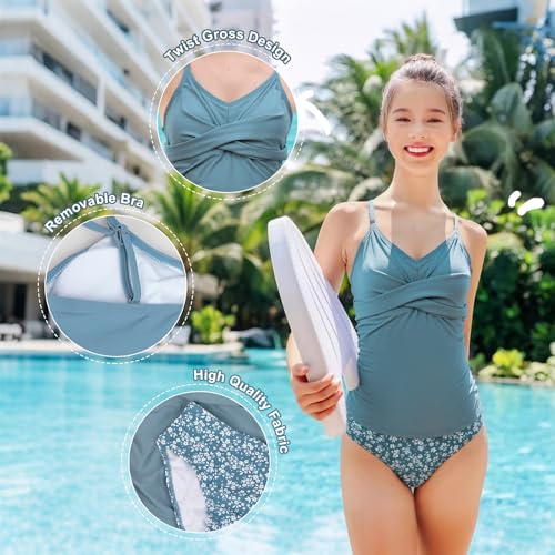Mukola Girls Tankini Swimsuits Two Piece Bathing Suit Criss Cross Ruched Swimwear Set for Girls 9-16 Years Blue
