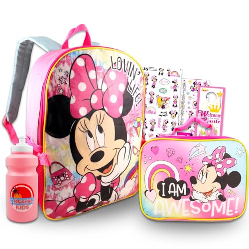Disney Mochila Minnie Mouse com lancheira – Pacote de mochila de 41 cm, lancheira, adesivos, mais | Minnie School Supplies (rosa)