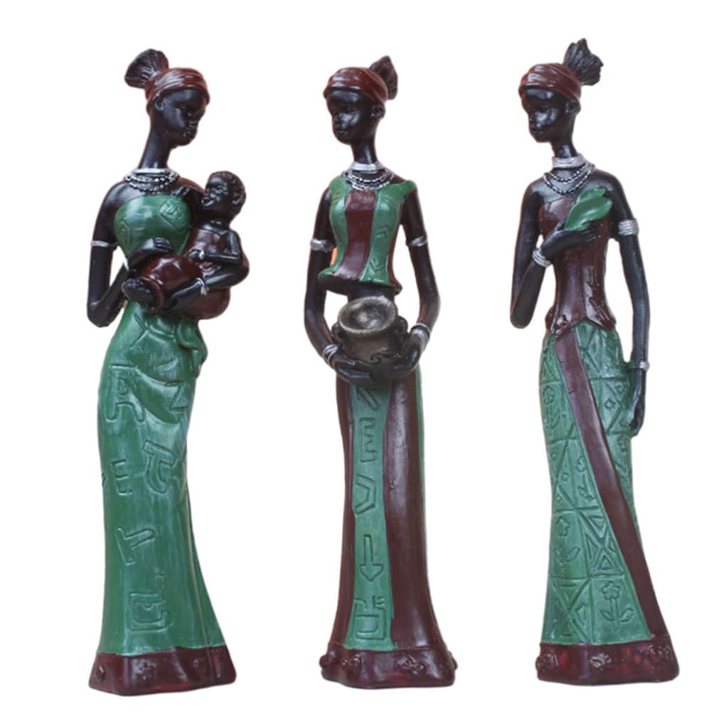 Nukinp 3Pcs/Set African Tribal Women Figurines African Woman Statues Sculptures Home Decoration Exotic Decor For Home, Green