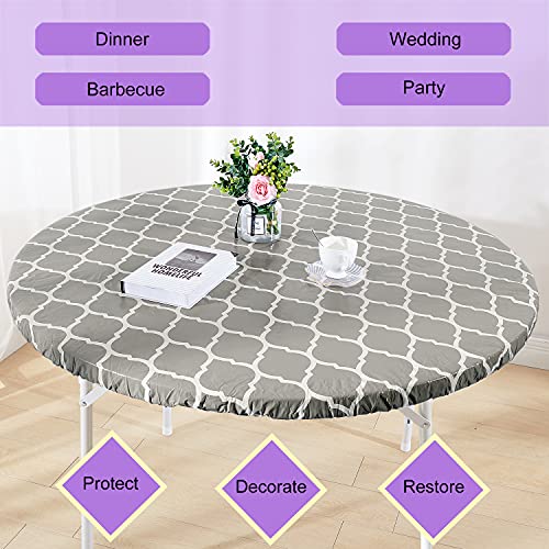 Zhuqing Heavy Duty Vinyl Round Fitted Tablecloth, Gray Moroccan Design, Spillproof Waterproof Elastic Table Cover With Flannel Backed Lining, Fits 45" To 56" Round Table, For Indoor/Outdoor Use #TOP5