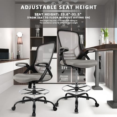 Image of HYLONE Drafting Chair, Tall Office Chair Standing Desk Chair Grey Mesh High-Back Drafting Stool with Flip-Up Arms, Adjustable Foot Ring