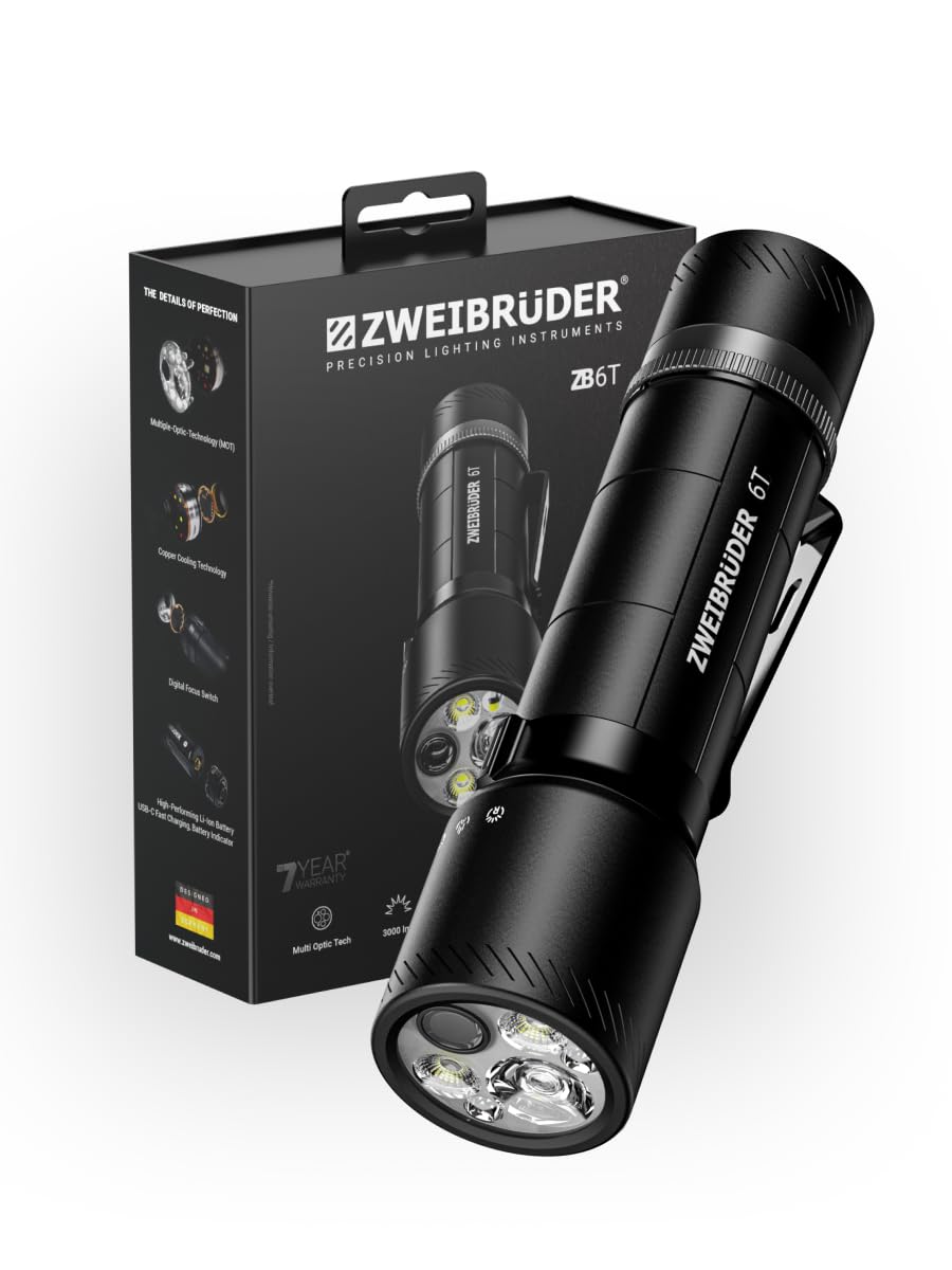 Zweibrüder ZB6T Lampe Torche LED 3000 lm, Auto Focus, USB-C | Lampe Torche Puissante, MOT Multiple Optic Technology, AFT, Batterie Intégrée, Étanche IP67, pour Outdoor et Randonnée