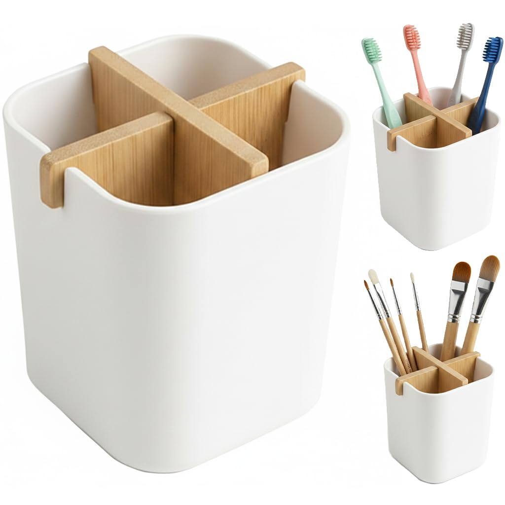 Kandid White Bambware Eco-Friendly Bamboo Toothbrush Holder – Sustainable Biodegradable Bathroom Organizer With Removable Divider – Modern Cup For Electric Toothbrush, Toothpaste & Makeup Brushes