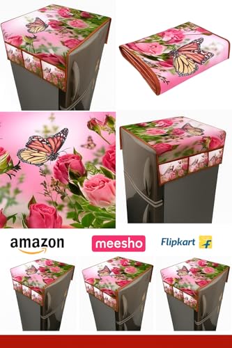 Image of STOREUP double Door or Single Door Fridge Cover | solid Print Fridge Cover With Side Pockets|Fridge Top Cover|Refrigerator Cover|Washable Cotton Material|6 Utility Pockets (pink butterfly)