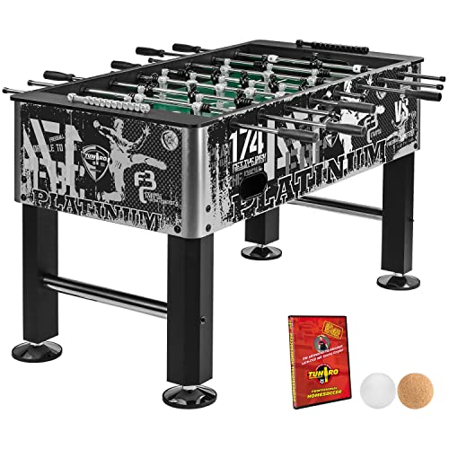 TUNIRO Tischkicker Basic/Pro, vormontiert, 4 Dekorvarianten, schadstoffgeprüft, inkl. DVD + Bälle, Kicker-Tisch Tischfussball