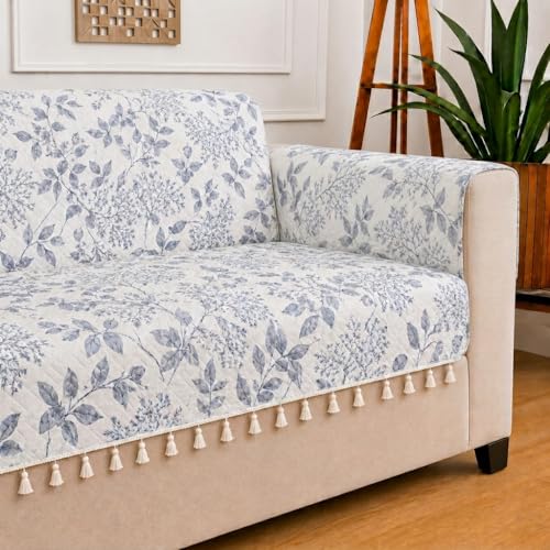 Image of STITCHNEST 'Frostvine Collection' 2 Seater Sofa Cover | Full Coverage with Armrest Pockets | Cotton Quilted Fabric, Decorative Tassels, Washable & Durable for Modern Living