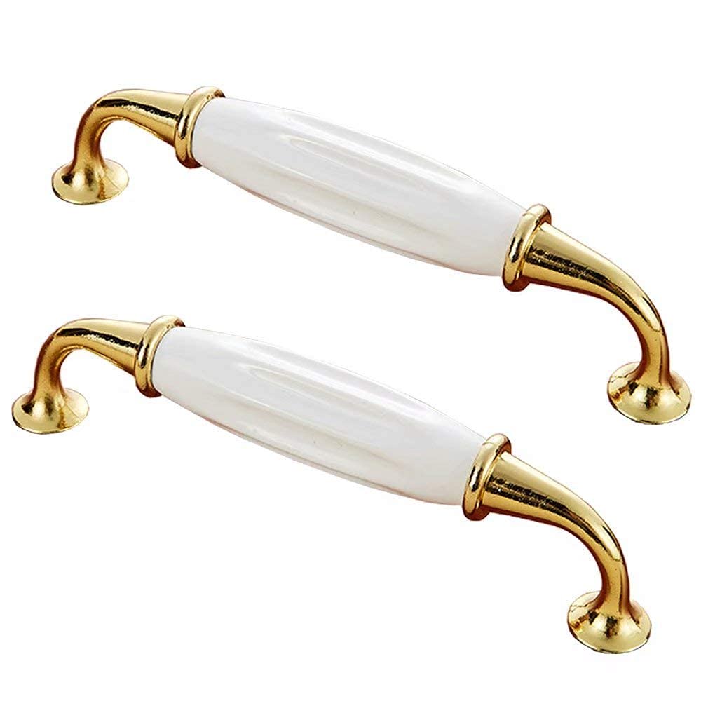 Stnyanxd White Antique Stripes Ceramic Cabinet Knobs 5Pcs Golden Plated Cupboard Handles Hole Distance 128Mm(White)
