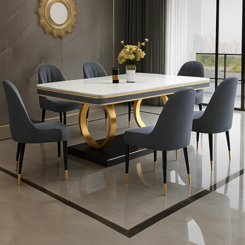 Image of 6-Seater Dining Table with Nano Composite Marble Top and PVC Golden Wooden Base |2yr Warranty - Includes 6 Fabric Upholstered Chairs (Grey, White Nano Composite Marble Top)