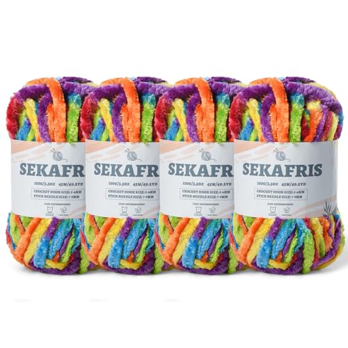 Image of Chenille Velvet Soft Yarn Rainbow 4 Pack | 400g /196.8yds Fuzzy Chunky Chenille Yarn for Crocheting Plush Yarn for Hand Knitting Amigurumi Fluffy Yarn