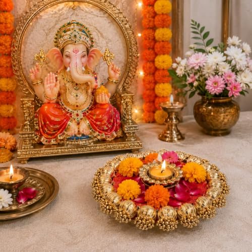 Image of SATYAM KRAFT 6 Pc Handmade Jhumki Platter (4 Inch) with Gota Patti & Golden Moti | Ganpati & Janmashtami Decoration, Festive Home Decor, Pooja Setup, Table Centerpiece & Gifting Item