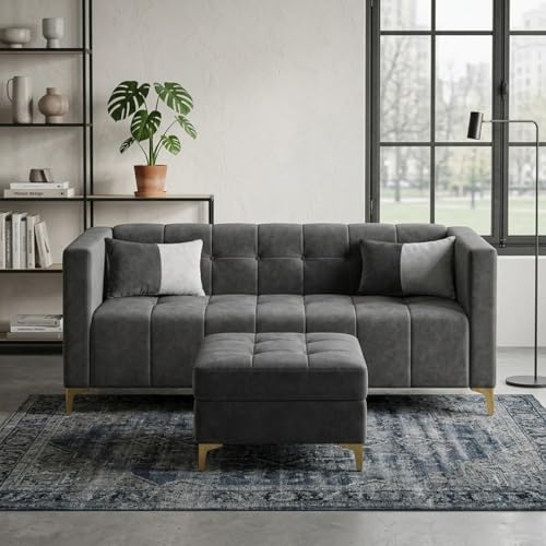 Image of FURNY Homeliving 4 Seater L Shape Sofa Set with Movable Ottoman & Golden Legs | Flexible Left or Right Layout | Plush Velvet Fabric (Dark Grey) | Perfect for Living Room, Guest Room & Office