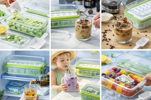 Image of Silicone Ice Cube Tray with Lid, Storage Box & Scoop | Easy Release Ice Maker Mold | Stackable, Spill-Proof Ice Tray for Freezer, Drinks & Cocktails (Cream)