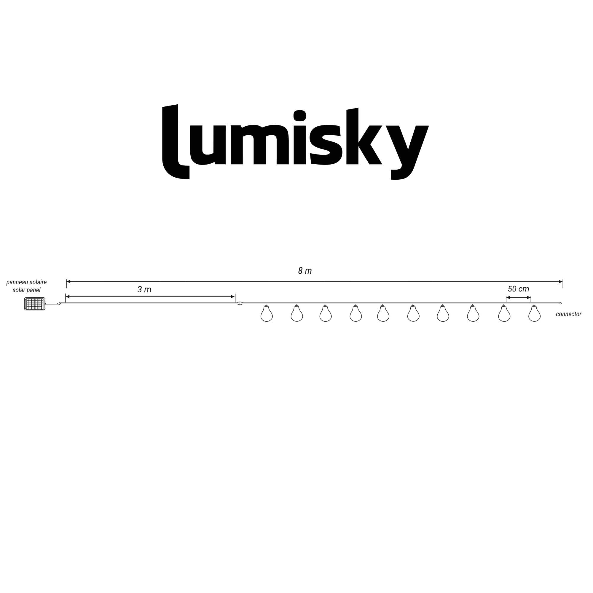 Podłączany solarny łańcuch świetlny, 10 żarówek LED, ciepła biel, efekt płomienia, lampa błyskowa, 8 m