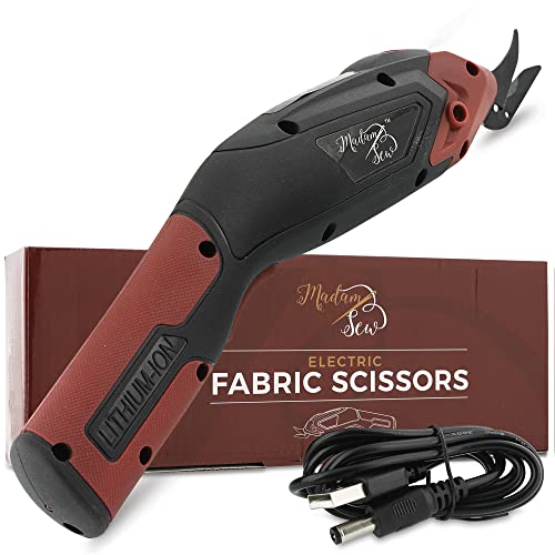 Madam Sew Cordless Electric Scissors for Cutting Fabric | Heavy Duty Electric Fabric Cutter Rechargeable with REPLACEMENT BLADES, Non-Slip Grip | Electric box cutter for Cardboard, Denim, Sewing, wool