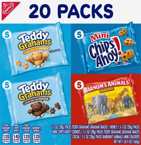 Image of Nabisco Fun Shapes Variety Pack, Barnum's Animal Crackers, Teddy Grahams and CHIPS AHOY! Cookies, 20 Snack Packs (Pack of 4)