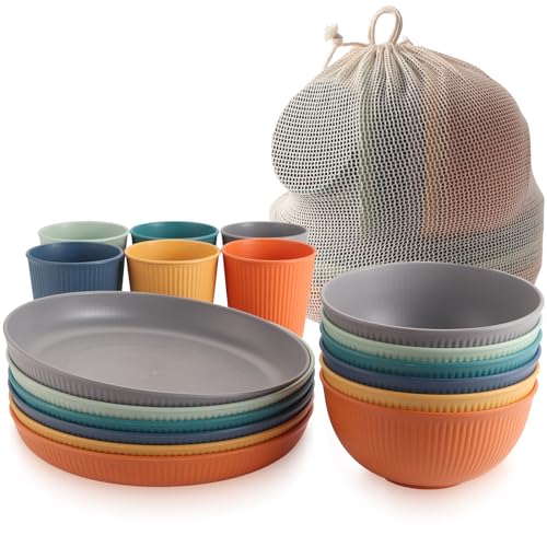 Anbte 18 Piezas Vajilla de Camping, Platos y Cuencos de Plástico para Camping, Irrompibles para 6, Reutilizables, Aptos para Microondas y Lavavajillas, para Cocina al Aire Libre, Camping y Picnic