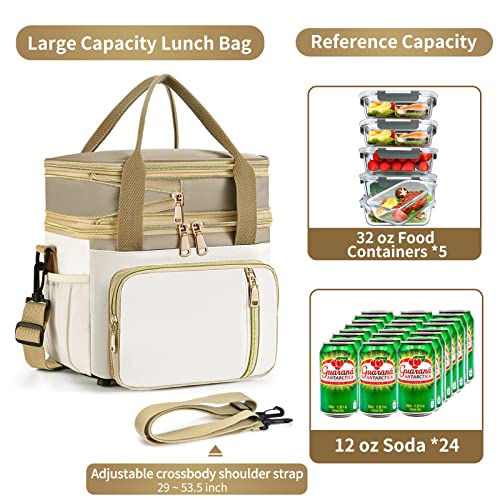 Dtbg Insulated Lunch Bag For Women, Reusable Double-Compartment Lunch Box For Office Picnic Beach, Expandable Leakproof Waterproof Lunch Tote With Adjustable Shoulder Strap, Beige #TOP1
