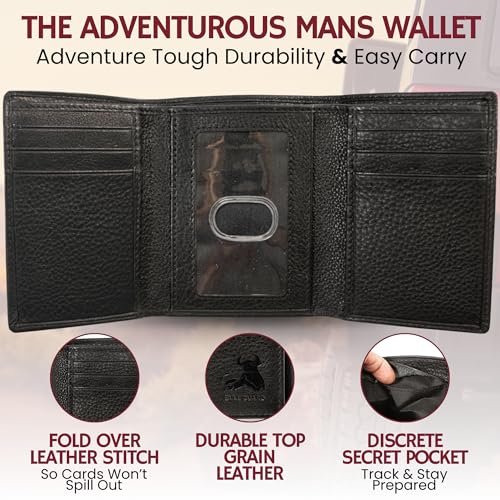 Image of BULL GUARD RFID Genuine Leather Trifold Wallets for Men ID Window, Secret Pocket, Mountain Black - Pebble Stone Black, 3.25 x 4.25 x 0.75 inches, Rfid Wallet