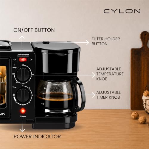 Image of CYLON OvenPrime 3-in-1 Breakfast Maker | 10L Oven Toaster Griller with Coffee Maker & Non-Stick Frying Pan | Adjustable Temperature & Timer | Bake, Grill, Toast & Brew | Black