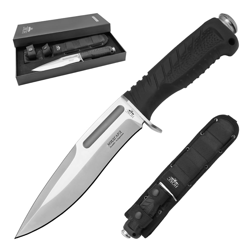HOKC Midgard | 613-188851 | Hunting Knife, Tactical Knife by Official Dealer - Designed by Russian Master Aleksander Biryukov - Advanced Guard, TPR Handle, Extended Tang, Hammer Pommel, Long and Durable AUS8 Stainless Steel, Satin Finished - Ideal for Camping & Hunting