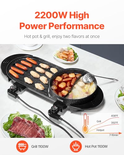 VEVOR Hot Pot with Grill, 2200W 2-in-1 Electric Smokeless Grill and Hot Pot, Korean BBQ Shabu Shabu Hotpot with Separate Dual Temperature Control, Non-stick Pan, for 1-6 People Family Dinning - Image 5