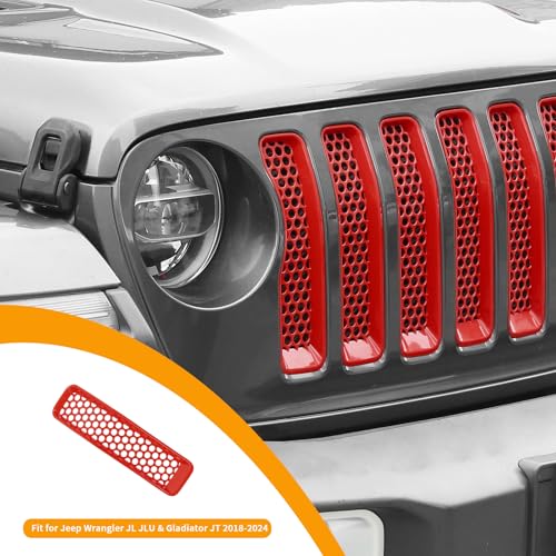 Image of Hoolcar Front Grill Insert Cover Trim Kit Compatible with Jeep Wrangler JL JLU 2018-2024 2025 Front Honeycomb Grille Cover Guard Exterior Accessories, Red, 7 PCs, Basic Version