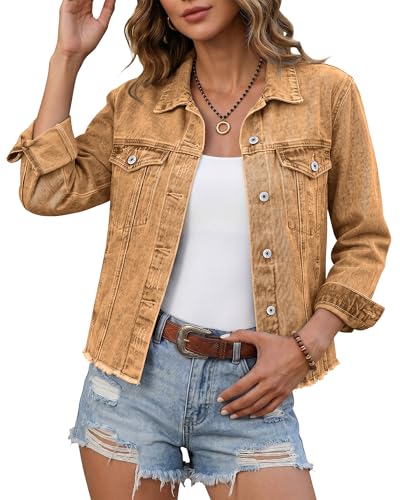 Image of luvamia Denim Jacket for Women Distressed Jean Jackets Button Up Vintage Western Trucker Jacket Frayed Hem Pockets
