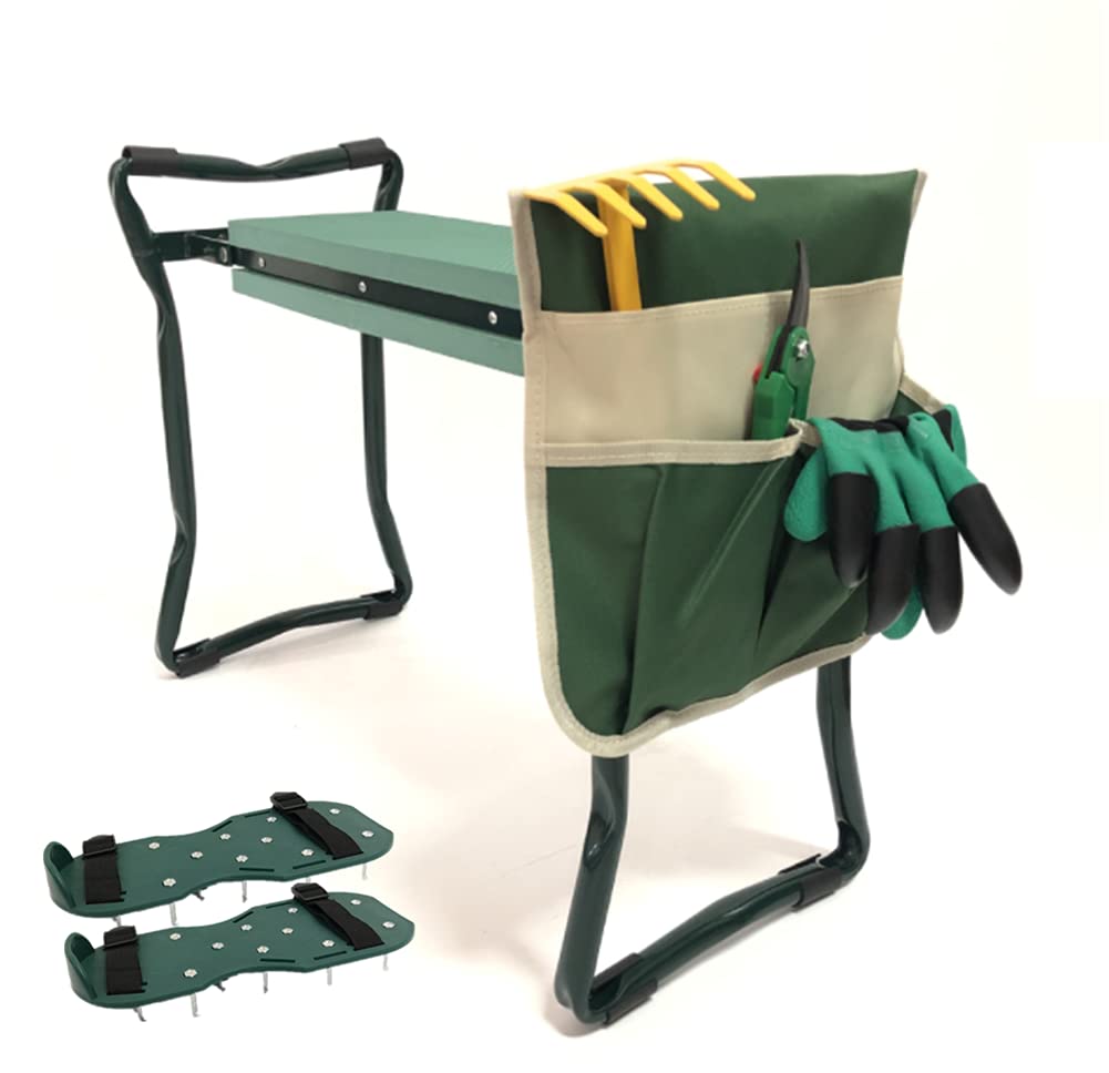 Mehrzweck-Gartenkniebank, tragbarer Klappsitz, 2-in-1-Gartenbank mit Griffen, 2 extragroße Werkzeugtaschen, Kniekissen, 60 x 27 x 49 cm