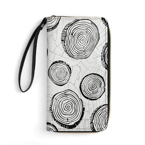 Womens Leather Wallets Wood Ring Pattern Wallet for Women Large Capacity Card Phone Holder Ladies Purse with Wriststrap